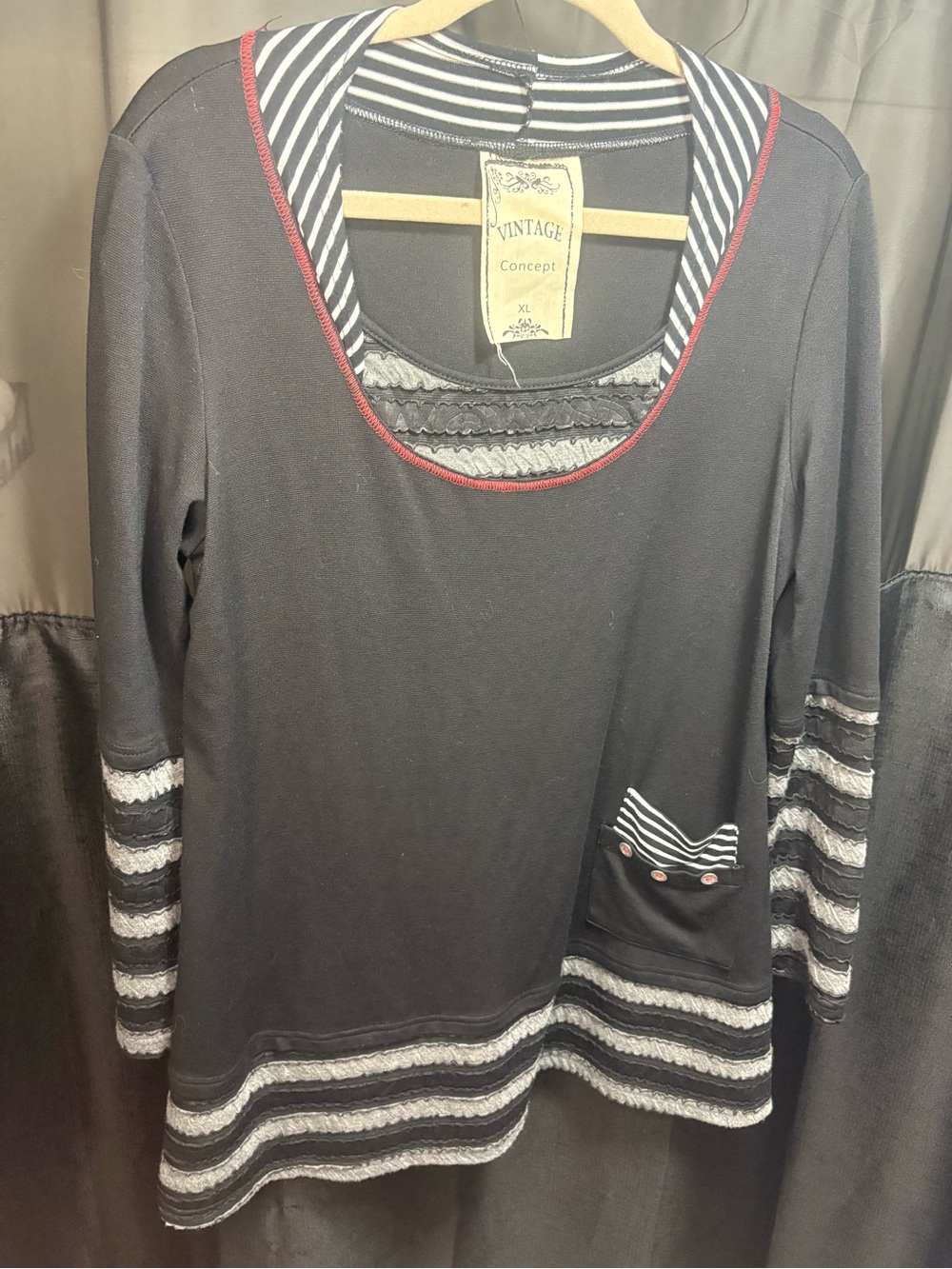 Vintage Concept Black Striped-Trim Tunic with Red Piping